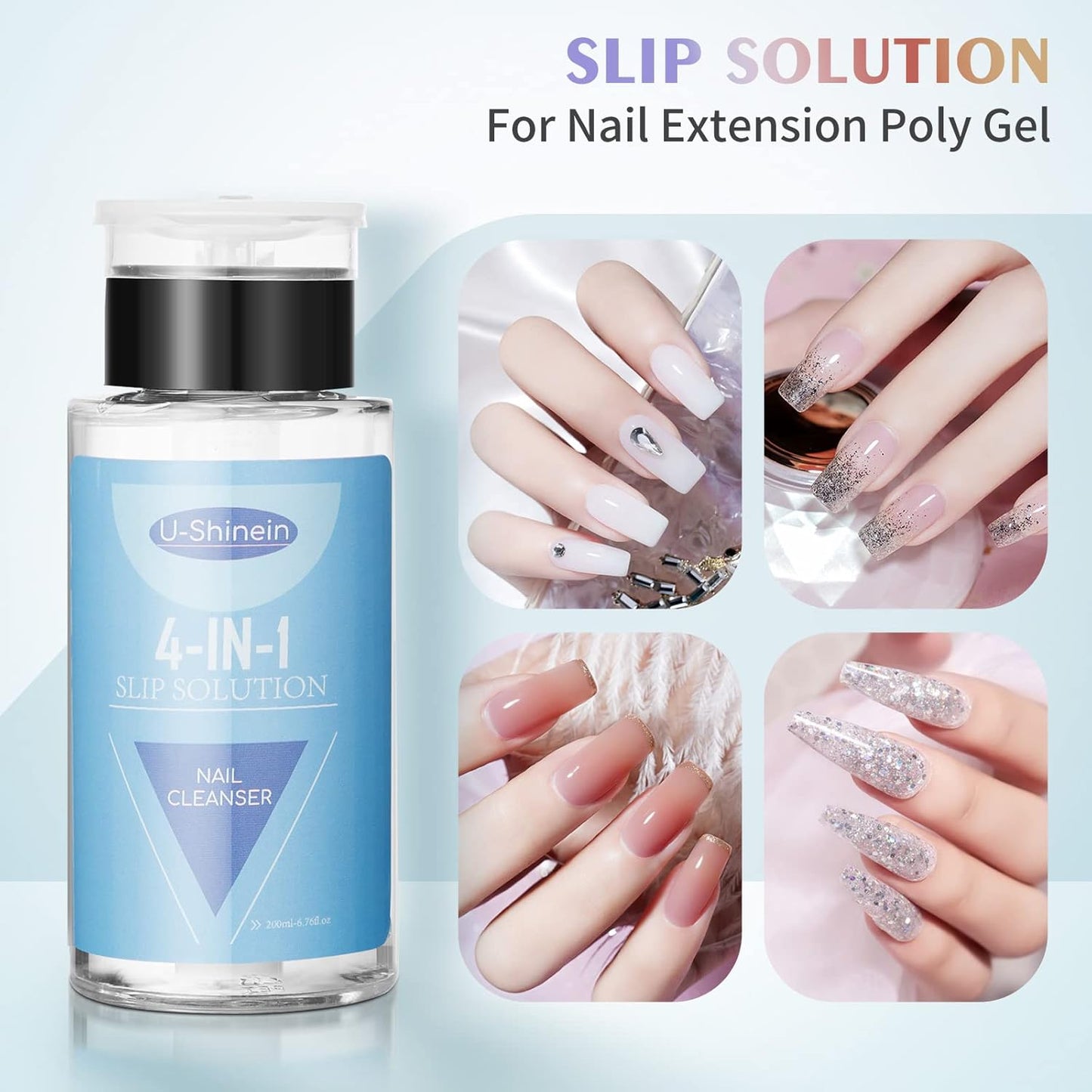 200ml Nail Slip Solution, 4-in-1 Poly Nail Gel Slip Solution Poly Nail Extension Gel Liquid Slip Solution Builder Gel, Nail Cleaner Liquid Nail Polish Remover with Nail Brush Nail Art