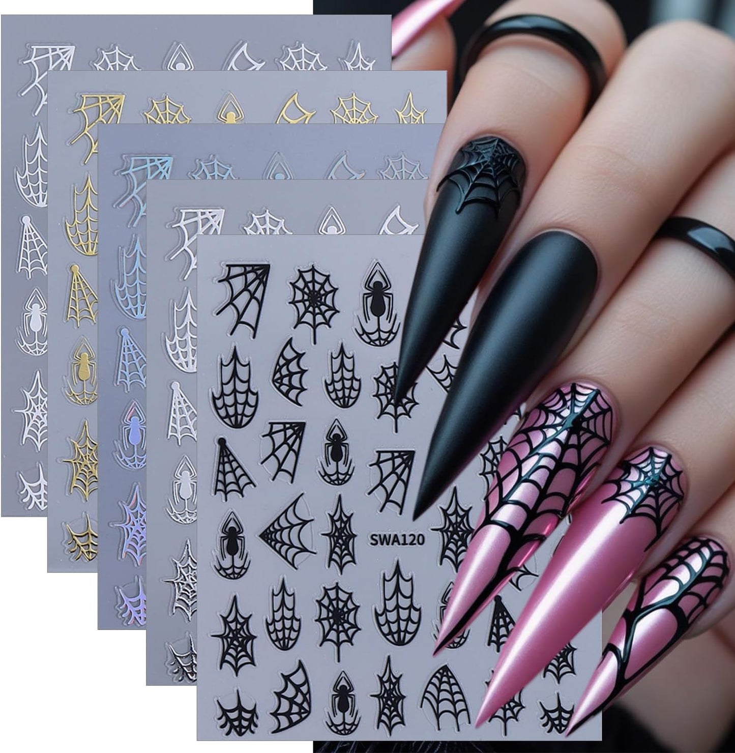 5 Sheets Halloween Nail Art Stickers Decals 3D Self-Adhesive Spider Web Nail Decals Black White Gold Silver Laser Spider Web Nails Stickers Gothic Nails Supplies for Women Halloween Party Nails Decor