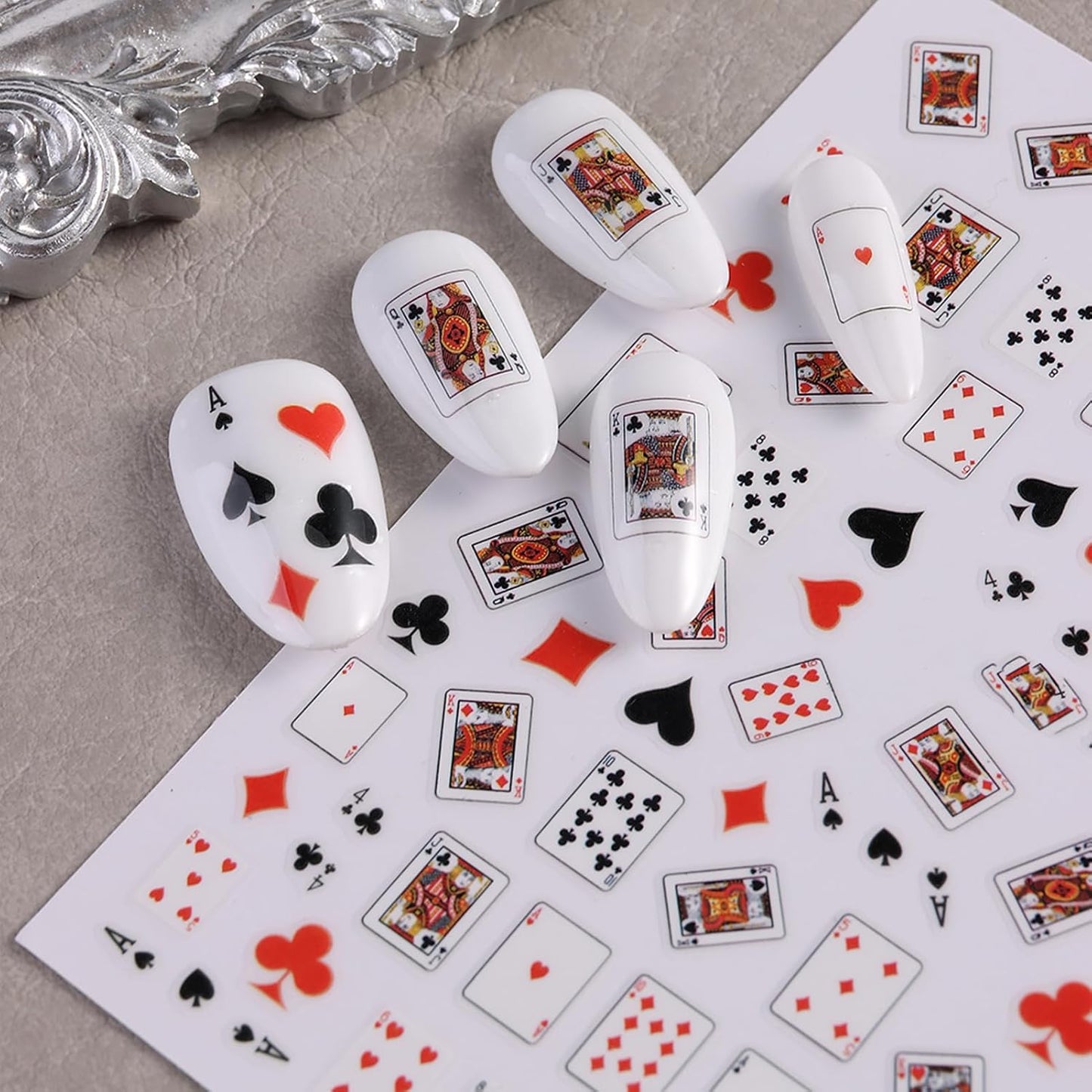 8 Sheets Poker Nail Art Stickers - Playing Card & Vegas Casino Theme Self-Adhesive 3D Nail Decals for DIY Slot Machine Winner Manicure