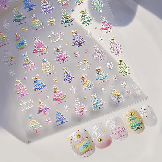 1 Sheet Cute Christmas Tree Nail Art Sticker 5D Embossed Colorful Christmas Tree with Gold Pearl Nail Sticker Decal Acrylic Nail Supplies for Women Girls DIY Nail Art Decoration