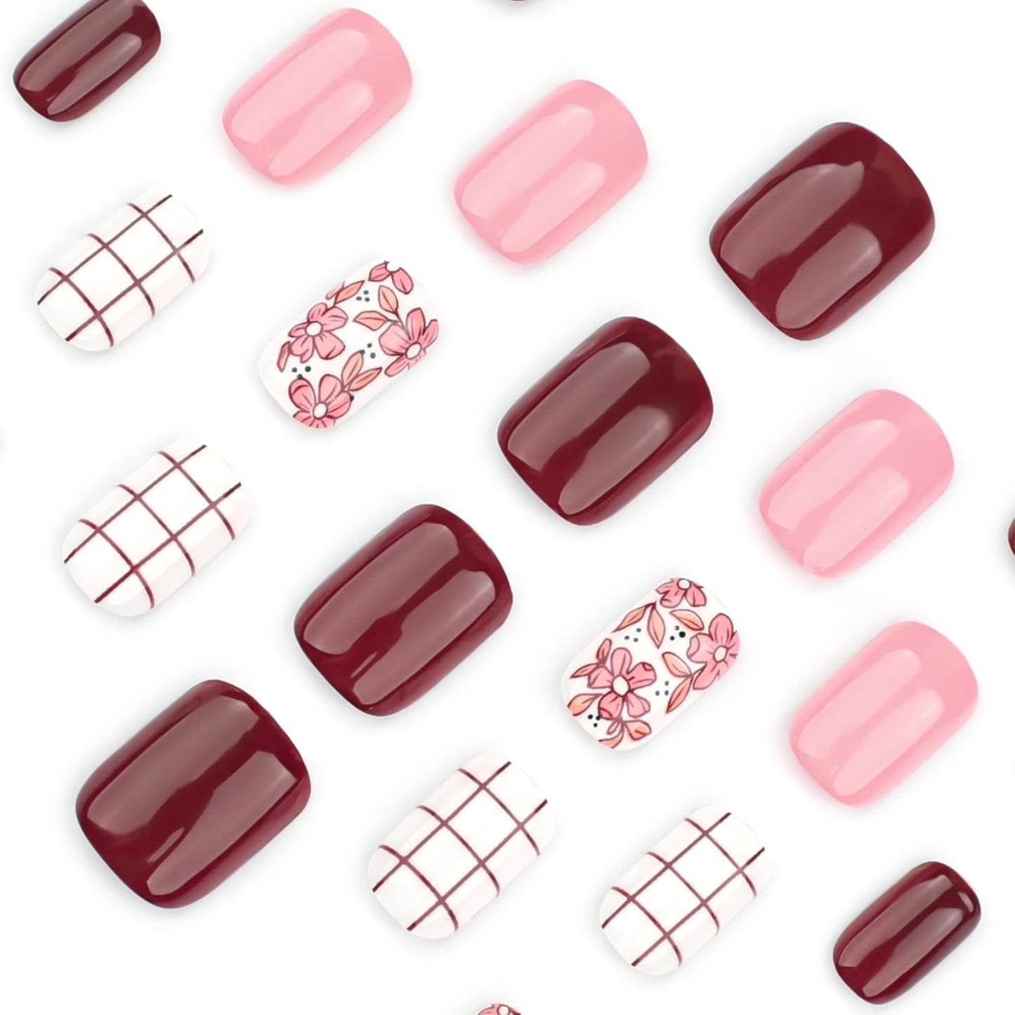 Press On Nails Short Square, Pink Fake Nails with Multicolored Nails and a Blend of Vintage and Romantic Designs, Glossy Gel Finish, Durable Reusable Acrylic Press On Nails Kit for Women