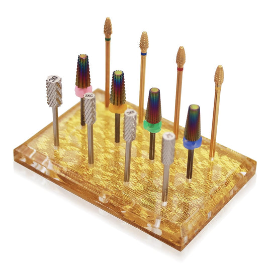 PANA Rectangle Transparent Acrylic Nail Drill Bit Holder Display Organizer Stand - Carbide Bit Storage Mount For Manicure Tools Nail Salon - 12 Holes Gold (Drill Bits Not Included)