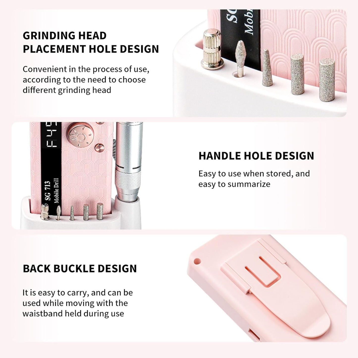 Professional Nail Drill Kit 45000RPM, Portable Electric Nail File with 13 Bits & 56pcs Sanding Bands,LED Screen,Ultra-Silent, Rechargeable Nail Drills Machine for Acrylic Nails Gel Polishing (Pink)