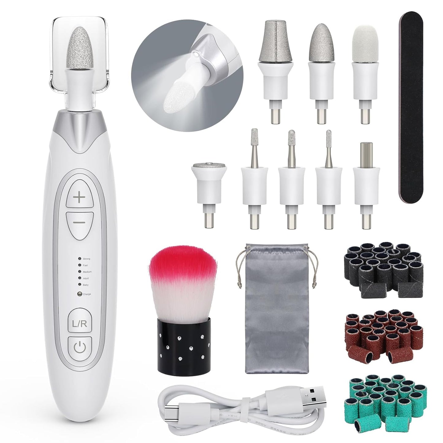 PELCAS Electric Nail File, 5 Speeds Manicure and Pedicure Kit, Cordless Nail Drill, Toenail Grinder for Thick Toenails with LED Light, Dremel Tool Kit for Human, Pet, Toenails, Natural & Acrylic Nails