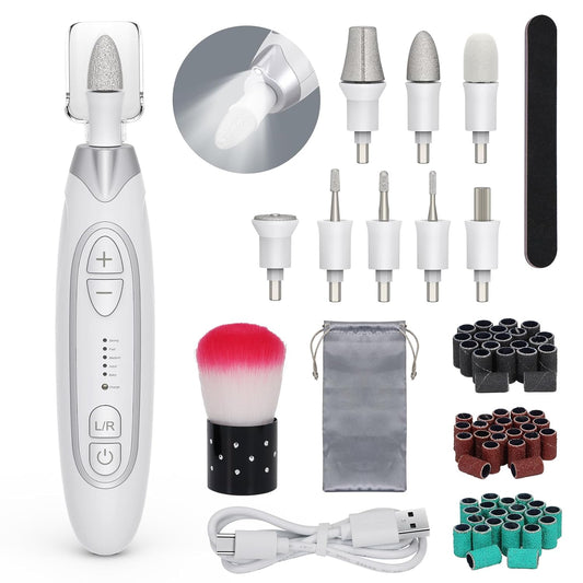 PELCAS Electric Nail File, 5 Speeds Manicure and Pedicure Kit, Cordless Nail Drill, Toenail Grinder for Thick Toenails with LED Light, Dremel Tool Kit for Human, Pet, Toenails, Natural & Acrylic Nails