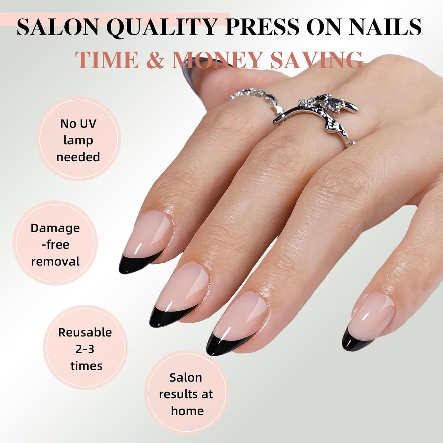 French Tip Press on Nails, Short Press on Nails Almond Reusable Glossy Soft Gel False Nails Black Press ons for Women, 16 Sizes 32 Count Nails Kit with Glue (SV-02)