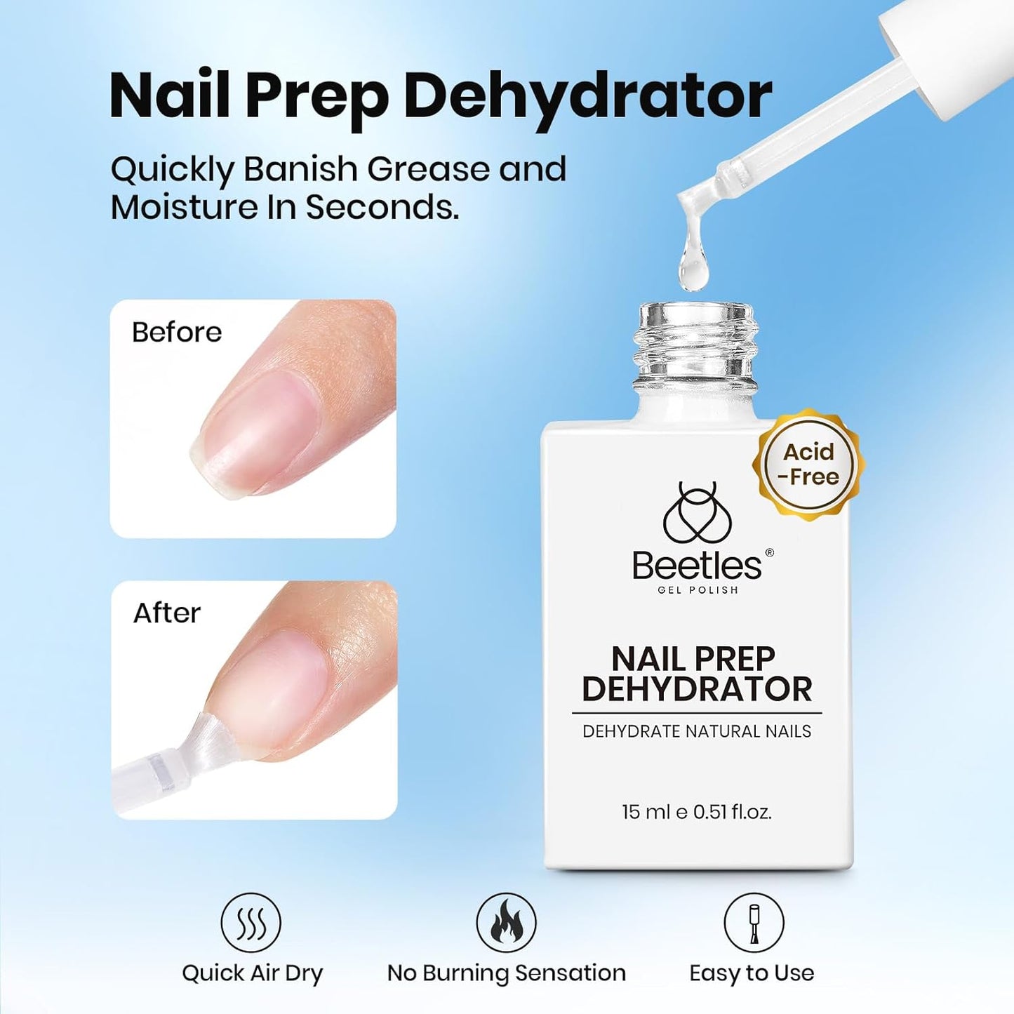 Beetles 4Pcs Gel Top Coat and Base Coat with Nail Dehydrator and Primer Set - Acid-Free & Hema-Free Nail Bond for Gel Polish & Acrylic Nails, Long-Lasting for Professional Manicure Prep Kit