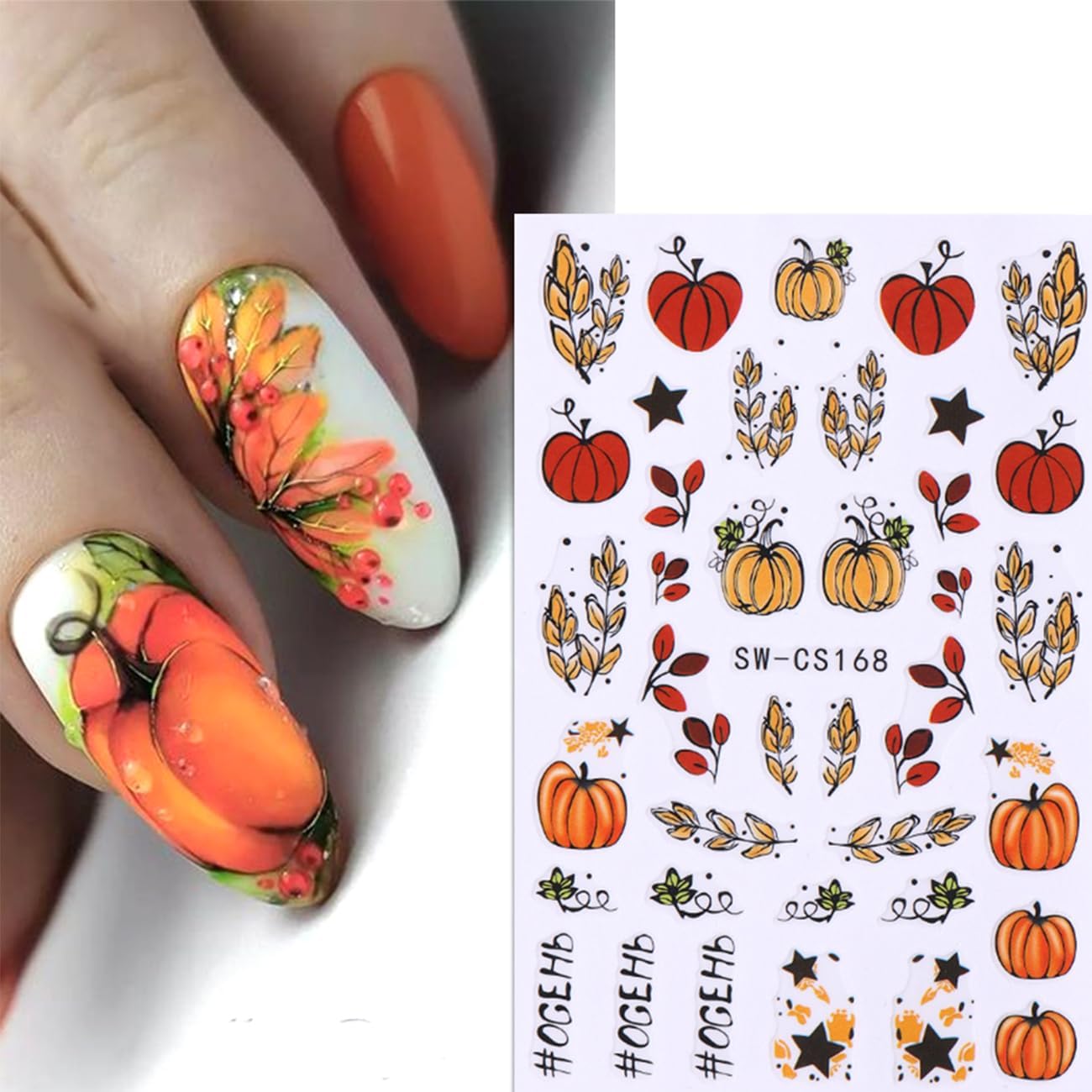 Autumn Leaf Nail Sticker - Fall Pumpkin Decals 3D Self-Adhesive Cute Leaves Supplies Thanksgiving Day Art Design DIY Manicure Decoration Tip Accessories 6 Sheets