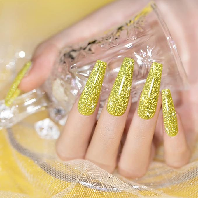 RARJSM Reflective Gel Nail Polish, Yellow Gel Nail Polish, 7.5ml 0.25Floz Yellow Nail Glitter Gelpolish Summer Candy Collection Diamond Shimmer for Starter Nail DIY at Home U V L E D Cure Required