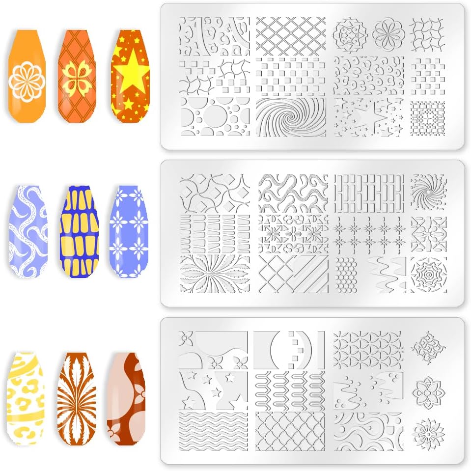 3Pcs Vintage Floral Nail Stamping Plate Star Swirls Nail Art Stamp Templates Stainless Steel Reusable Tools with Stamper Scraper for Manicure Printing