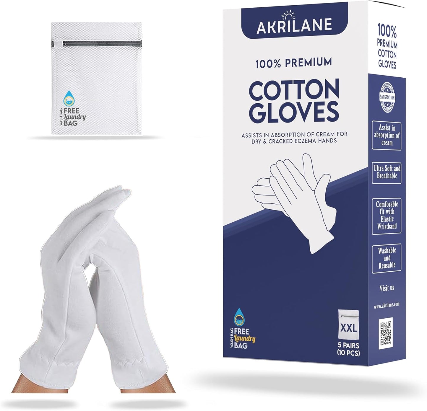XXL Extra Extra Large 5 Pairs 100% Premium Cotton Gloves for Dry Hands | Moisturizing Overnight Gloves for Eczema, Psoriasis & Skin Spa Treatment for Women & Men | Free Laundry Bag
