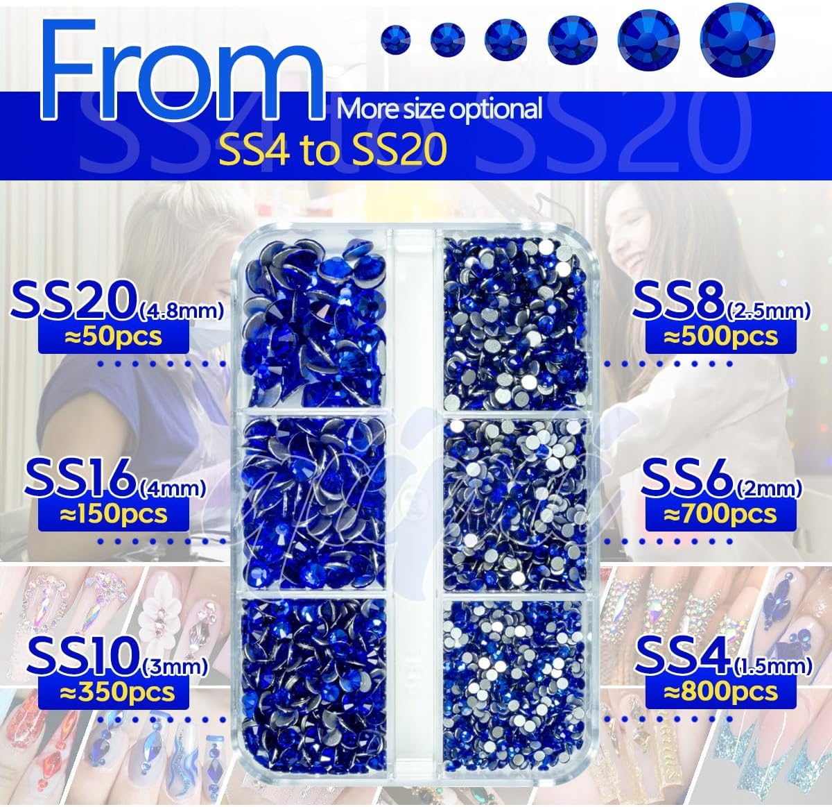 2550pcs Royal Blue Nail Art Flatback Rhinestones for Face Makeup Sapphire Nail Gems Gemstones K9 Glass SS4~SS20 6 Sizes Dark Blue Diamonds Stones w Tweezer & Picking Pen for Nails DIY Crafts