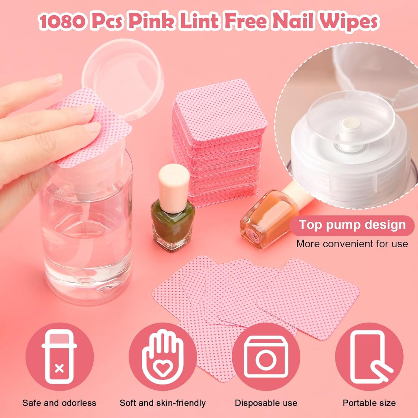 1080 + 3 Pcs Lint Free Nail Wipes Kit, Disposable Nail Polish Remover Pads Non-Woven Nails Eyelash Extensions Wipes, Nail Polish Remover Wipes with 200 ML Bottle, 2 Pcs Cuticle Pusher (Pink)