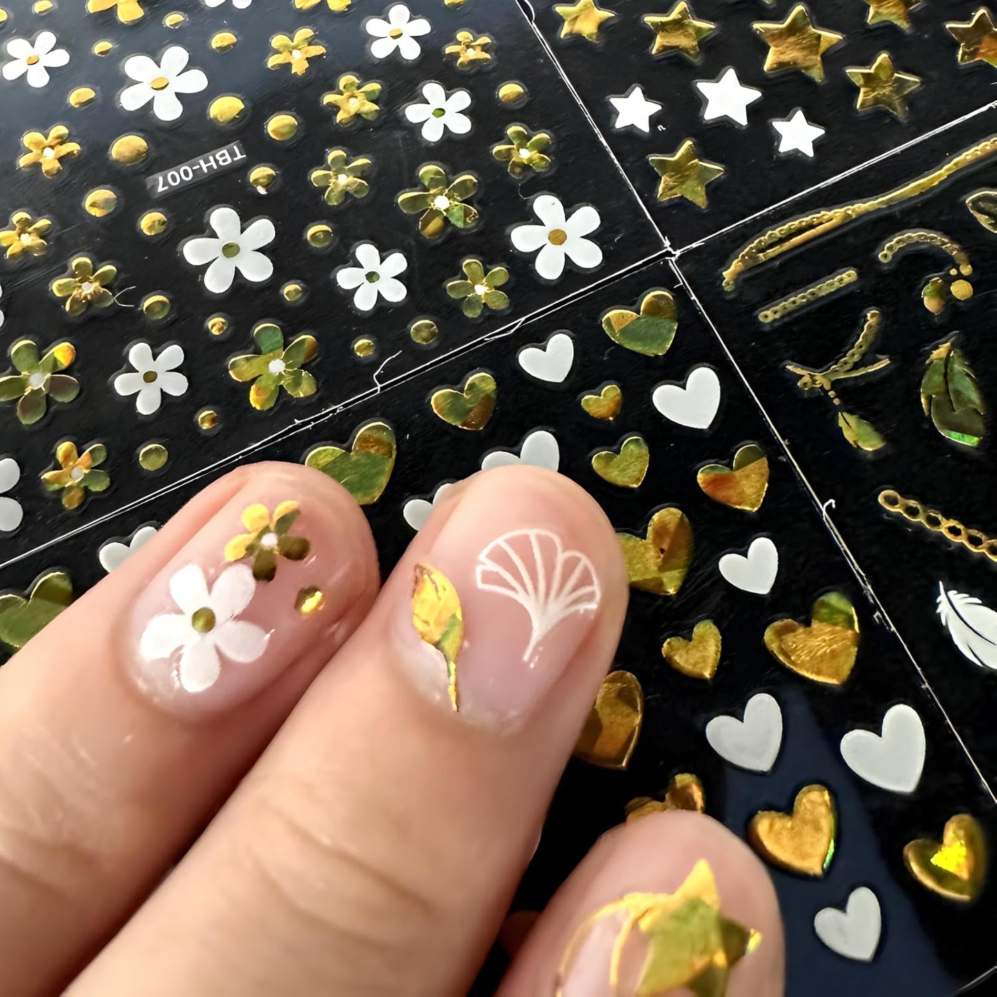 Gold Nail Art Stickers - 30 Sheets, 3D Self-Adhesive Leaf, Flower, Star, Moon, Heart, Snowflake Designs for Women & Girls