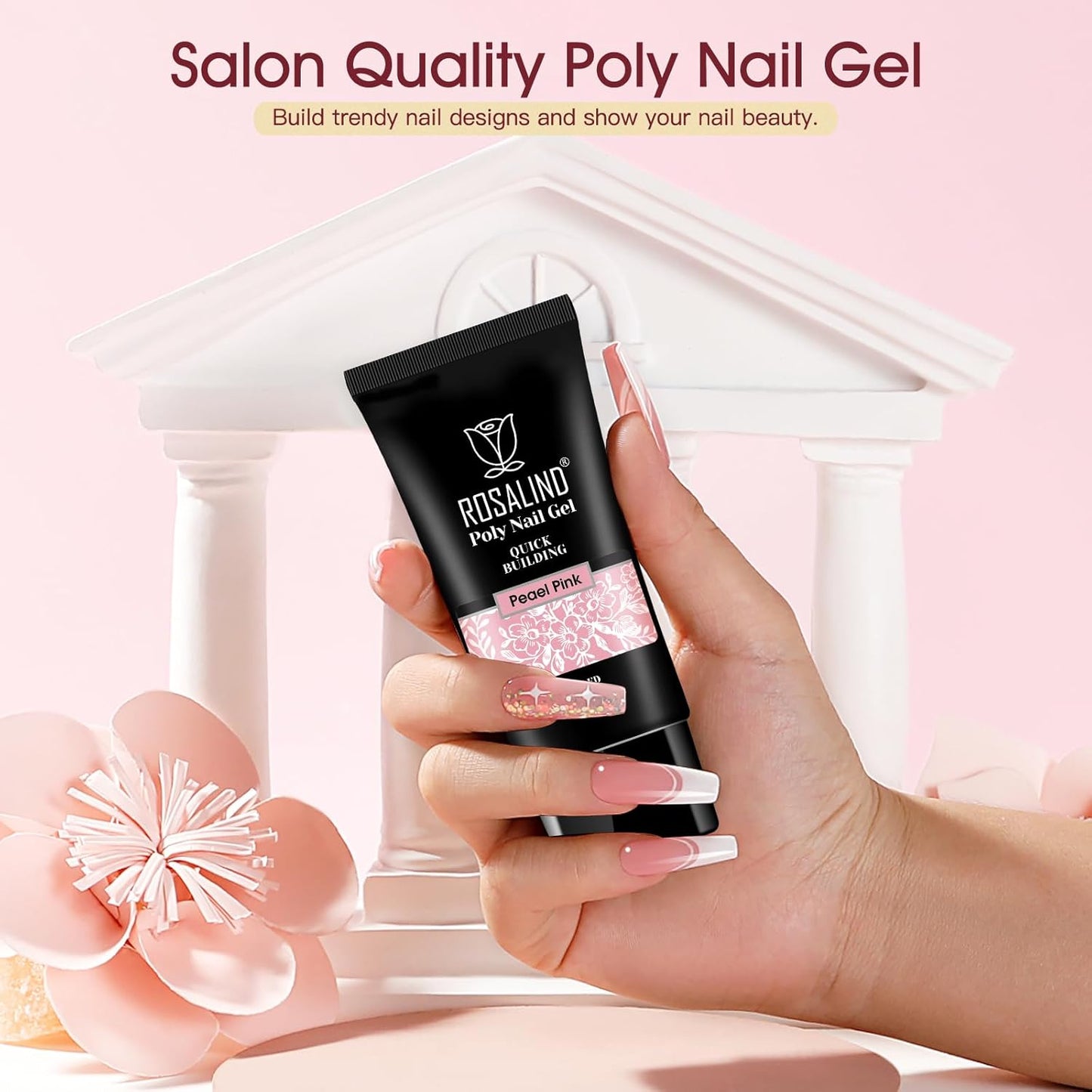 ROSALIND 2 oz Pink Poly Nail Gel, Peach Pink Poly Extension Gel for Nails Nature Color Builder Nail Strengthen Gel Poly Nail Art Design for Women