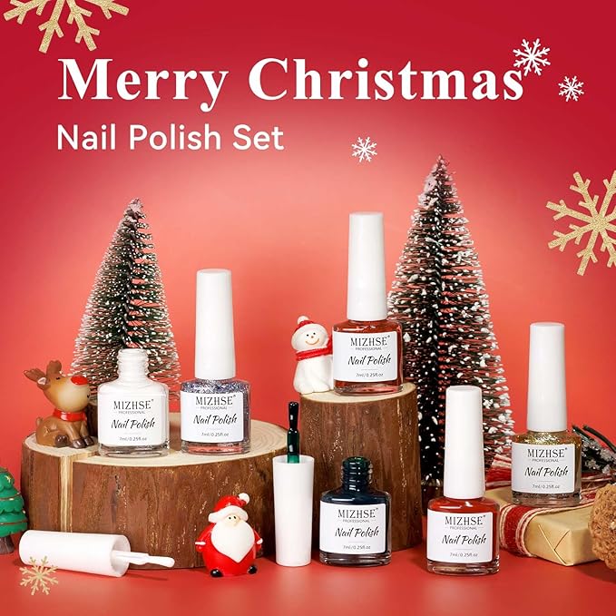 MIZHSE Quick Dry Nail Polish Set with Sticker, 6 Colors Red Green White Gold Sliver Sparkle Polish, Fast Drying Nail Polish Set Winter Manicure Christmas Gift for Women