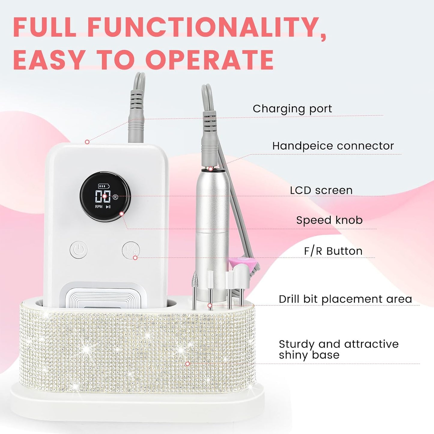 Electric Nail Drill Professional, 45,000RPM Electric Nail File with 12 Drill Bits & 50 Sanding Bands,Rechargeable Long Battery Life, Low Noise Cordless Nail Drills Machine,Efile Nail Drill Kit