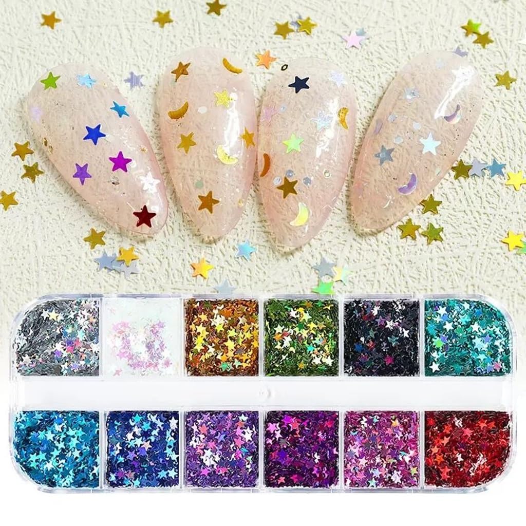 Star Glitter Nail Sequins, 3 Boxes Holographic Star Nail Art Flakes Red Blue Glitter Sticker Decals Independence Day Nail Sequins Manicure DIY 4th July Decorations 36 Styles