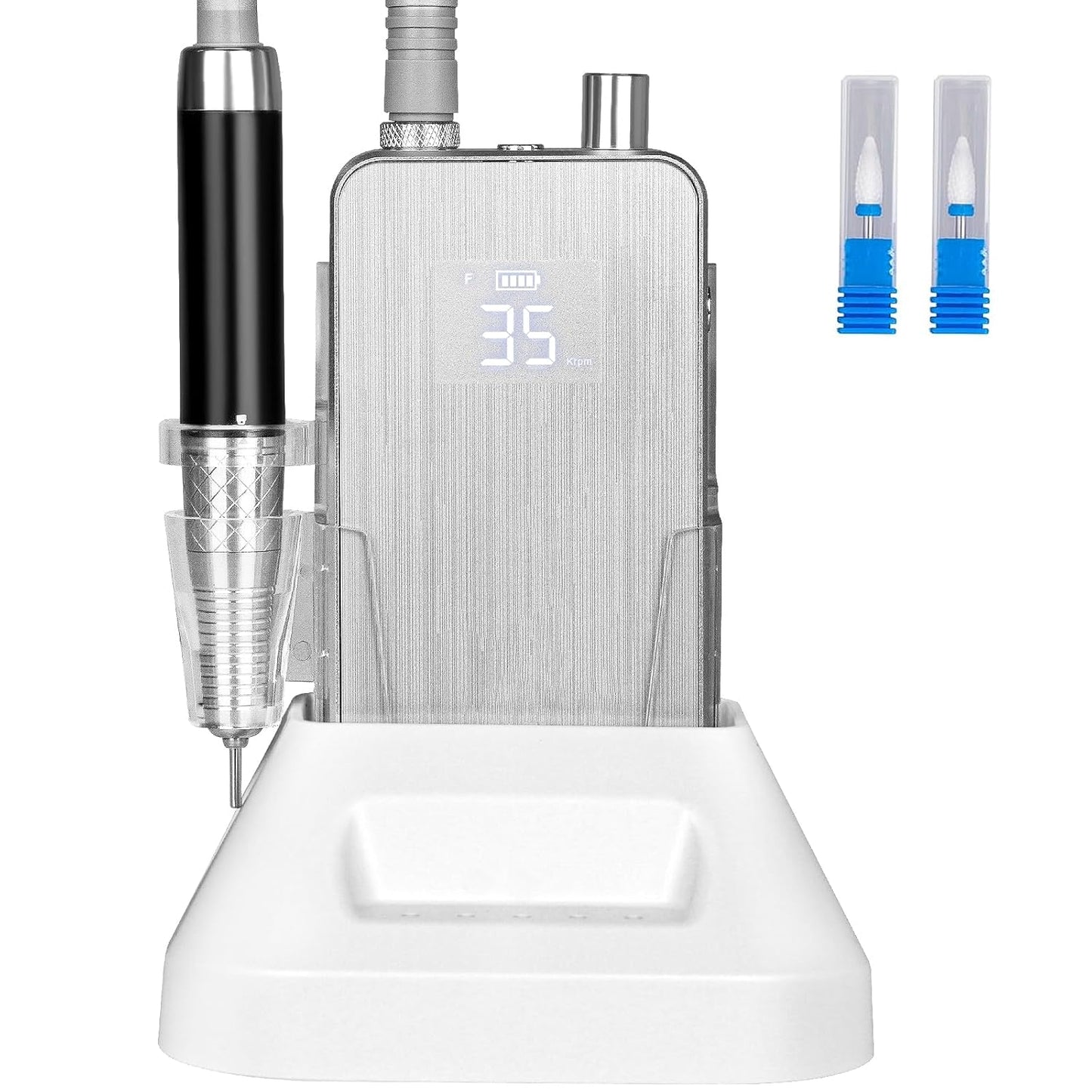 2-in-1 Professional Brushless Nail Drill, AZ GOGO 35000RPM Electric Cordless Nail File Rechargeable Portable Nail Drill Machine for Gel/Acrylic Nails 80W - Salon Level (Silver)