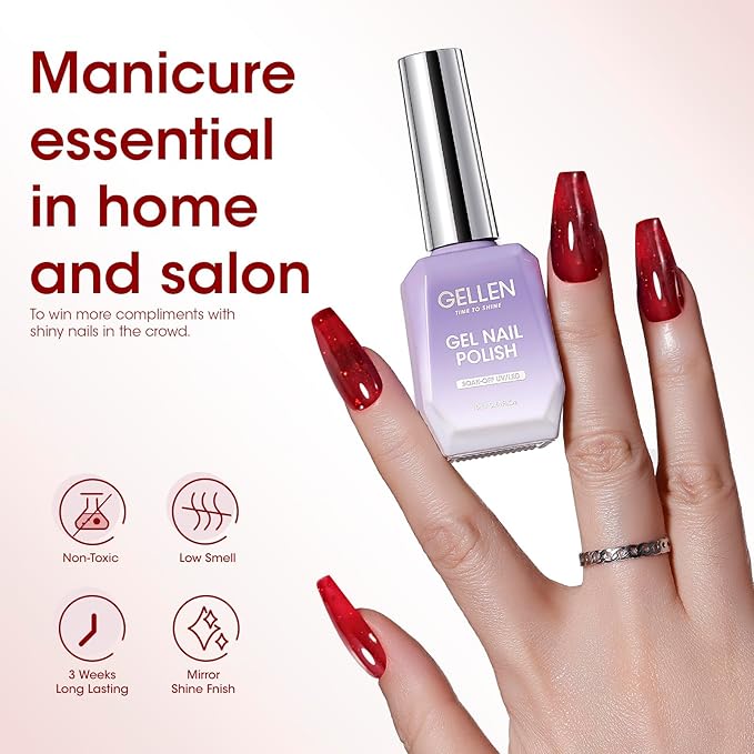 Gellen Red Glitter Gel Polish, 18ml Cherry Red Gel Nail Polish for Salon DIY, Soak off U V LED Cured Art Nail Polish, Color No.376