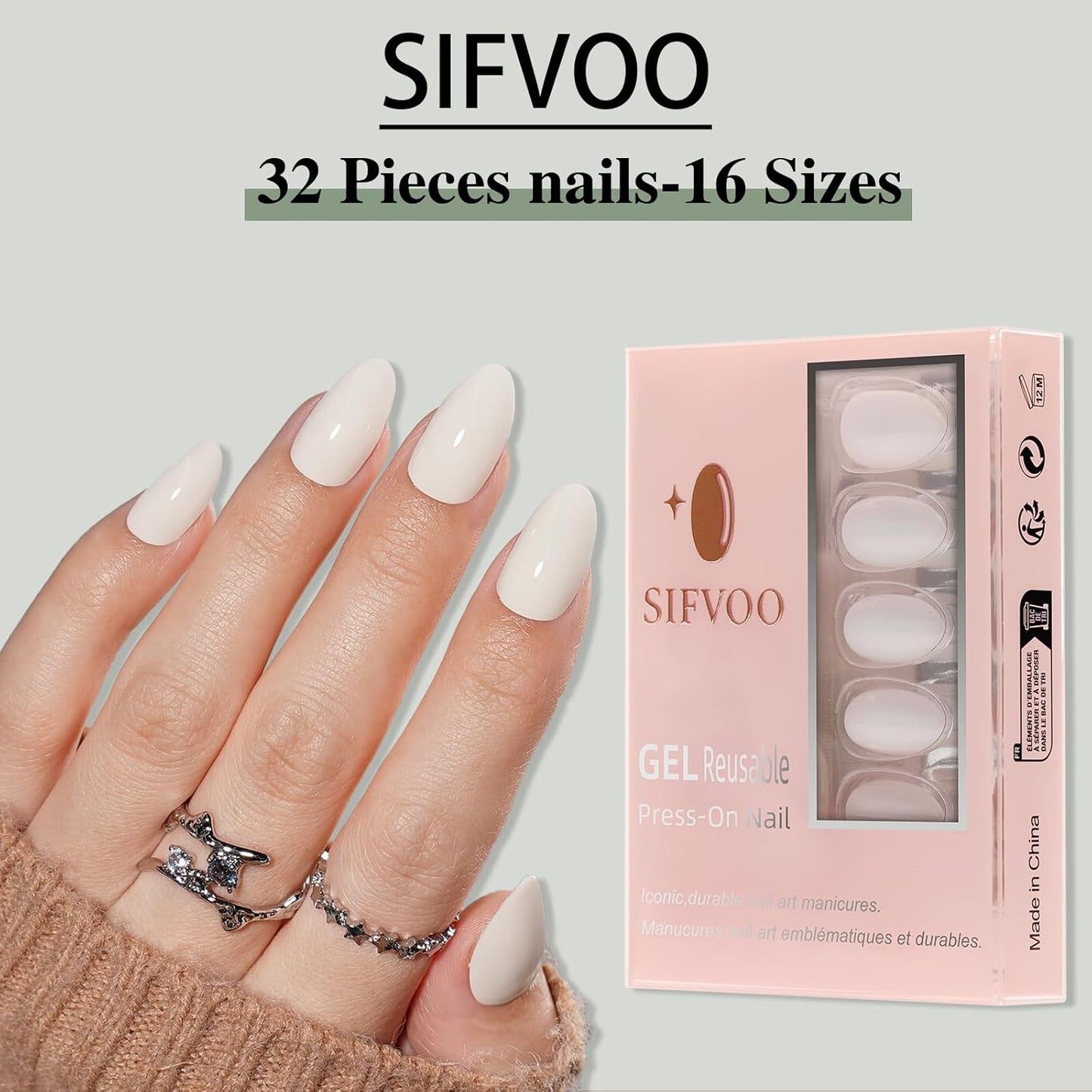 Press on Nails, Short Press on Nails Almond Reusable Glossy White Nails Soft Gel False Nails Press ons for Women, 16 Sizes 32 Count Nails Kit with Glue (SV-06)