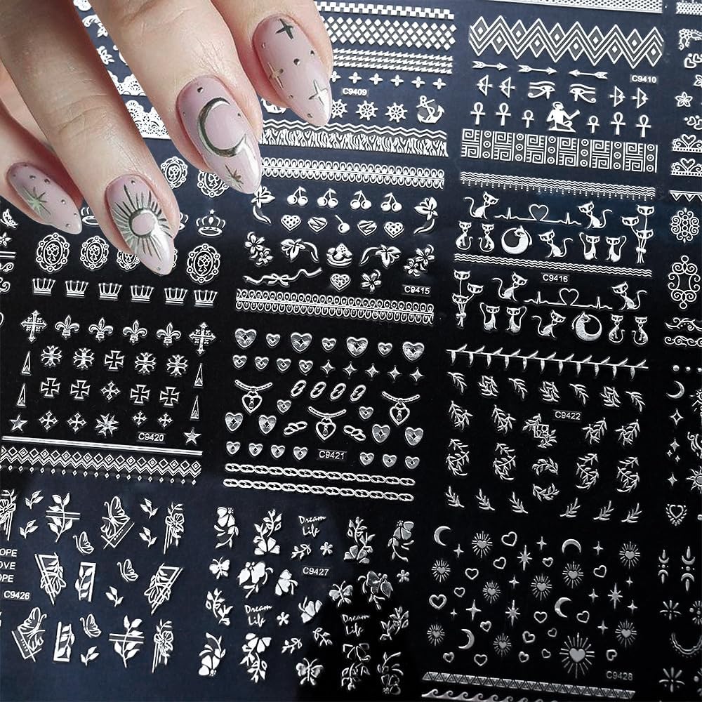 30 Sheets Silver Nail Sticker Silver Lace Nail Art Stickers Silver Retro Flower Star Moon Heart Cat Design 3D Self-Adhesive Nail Sticker Decals Nail Supplies for Women Girls DIY Nail Art Decoratio