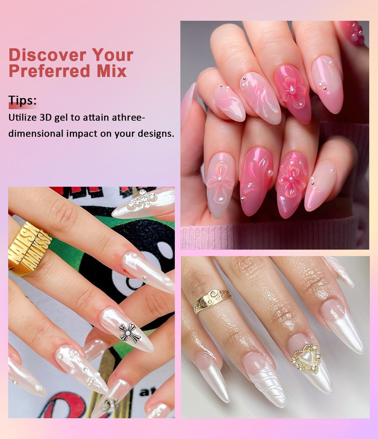 Chrome Nail Powder and 3D Nail Gel Kit BISHENGYF: 15g No Wipe 3D Sculpting Gel Aurora Mermaild Pink White Pearl Chrome Nail Powder with Clear 3D Carving Nail Molding Glue Set for Nail Art Decoration