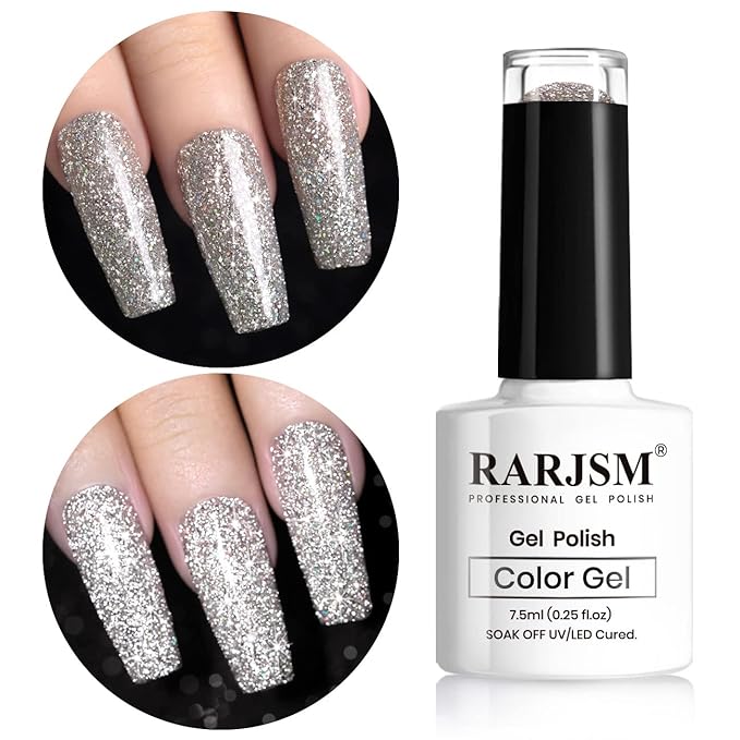 RARJSM Silver Glitter Gel Nail Polish,Reflective Glitter Gel Polish Silver Beige Holographic Iridescent Shimmer L E D U V Soak Off Sparkle Diamond Gelpolish Nail Art Manicure Salon DIY at Home