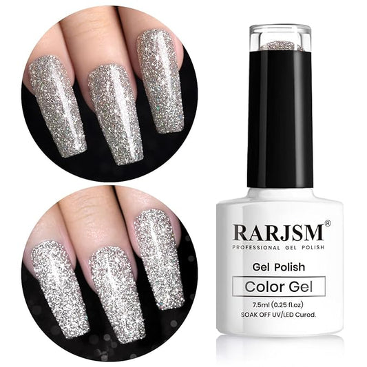 RARJSM Silver Glitter Gel Nail Polish,Reflective Glitter Gel Polish Silver Beige Holographic Iridescent Shimmer L E D U V Soak Off Sparkle Diamond Gelpolish Nail Art Manicure Salon DIY at Home