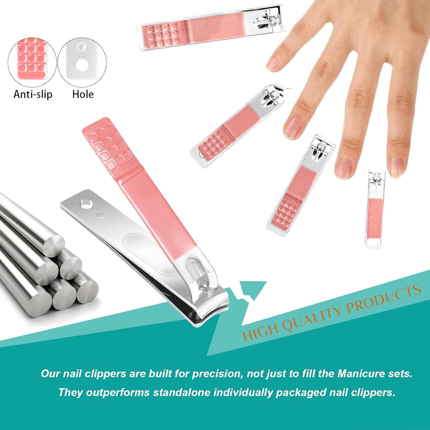 Nail Clippers Set, 26 Piece Manicure Set & Pedicure Kit, Stainless Steel Fingernail & Toenail Clipper Cutters, Professional Nail Care Tools with Luxurious Travel Case for Men and Women, Pink