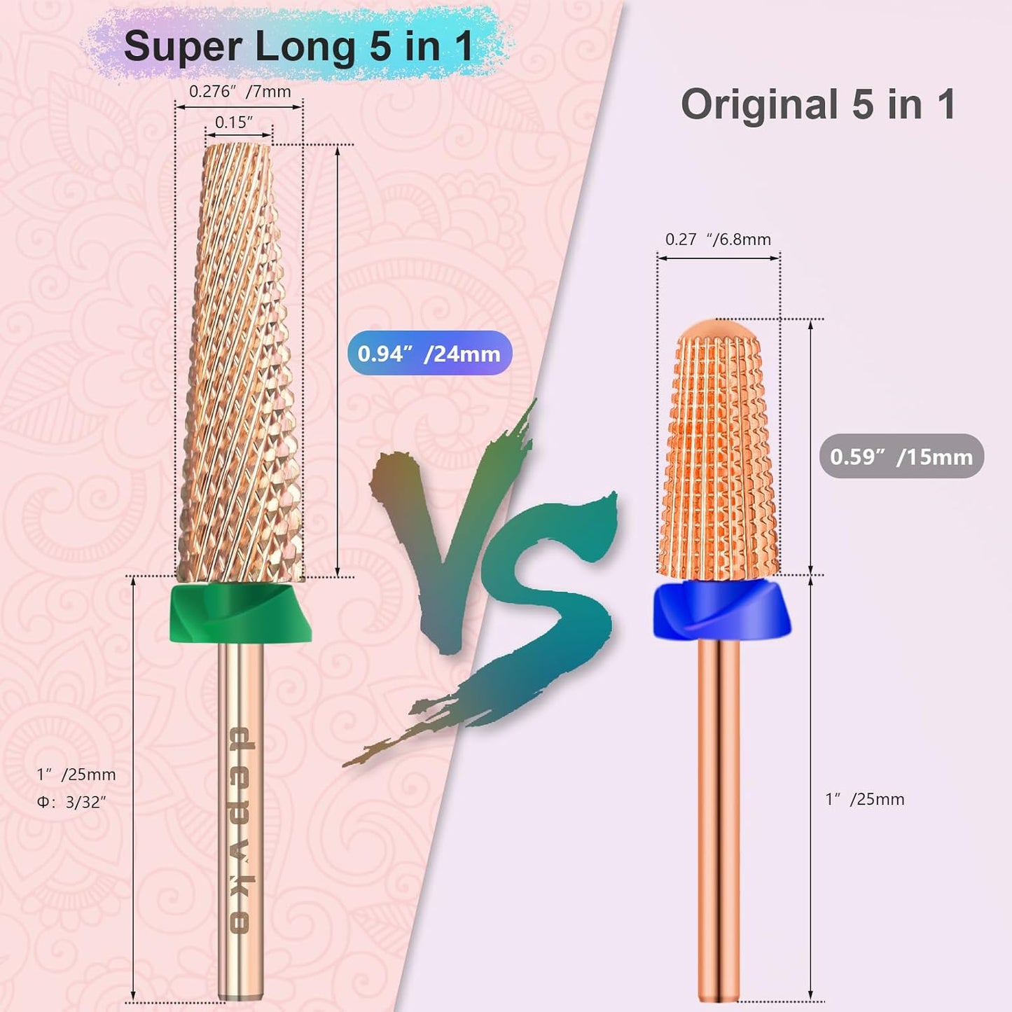 Depvko Super Long 5 in 1 Nail Drill Bits, 3/32'' Carbide Tungsten Bits, Two Way Rotate Professional Advanced Safety Bits for Nail, Fast Remove for Manicure Pedicure (Long 5in1-Rose Gold, Coarse-C)