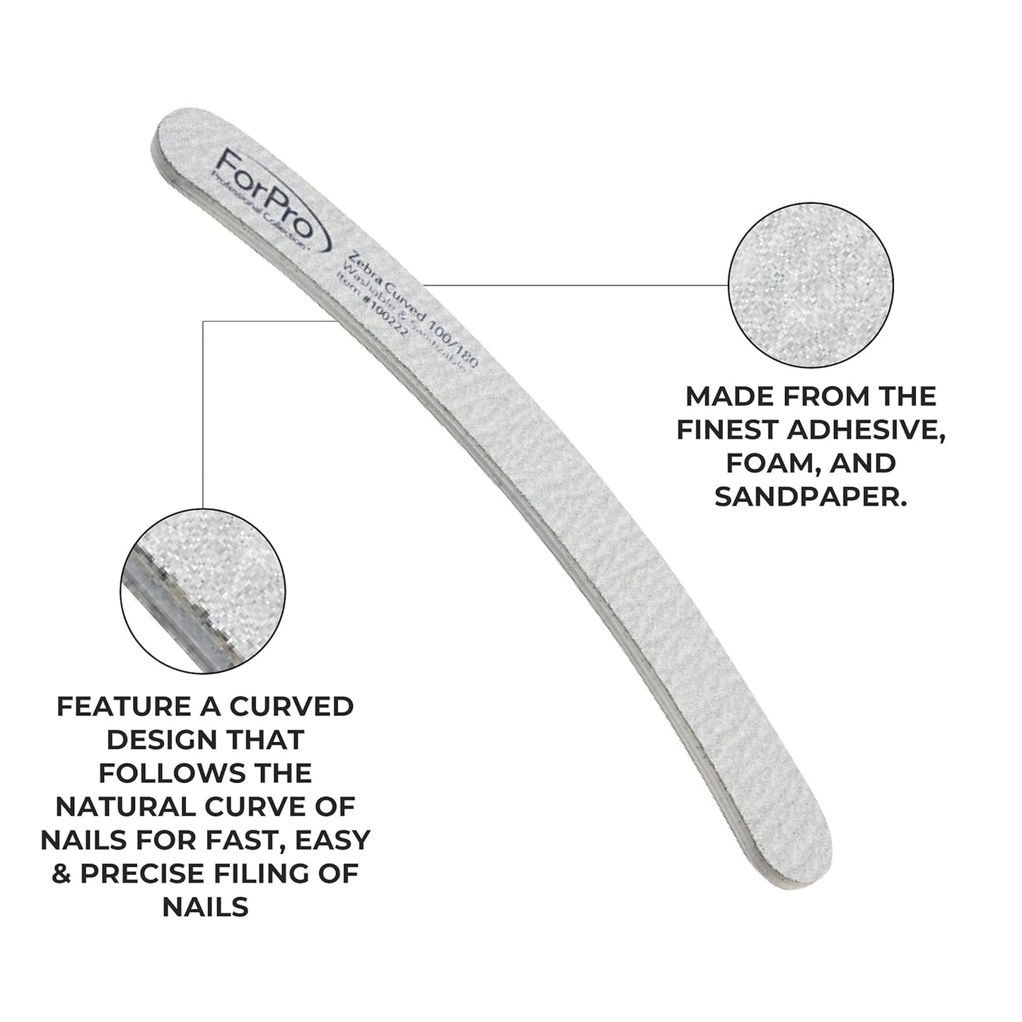 ForPro Professional Collection Zebra Curved Foam Board, 100/180 Grit, Double-Sided Manicure and Pedicure Nail Files, 7” L x .75” W, 50-Count