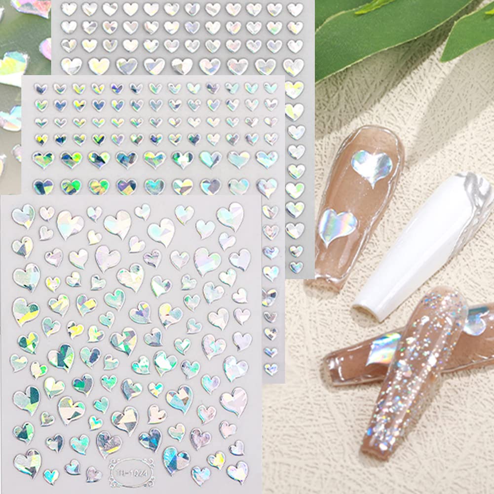 9 Sheets Heart Nail Art Stickers - Metallic Nail Decals 3D Valentine's Day Nail Art Supplies Heart Love Glitter Gold Silver Nail Designs Sticker for Women Girls Valentine’s DIY Manicure Decorations