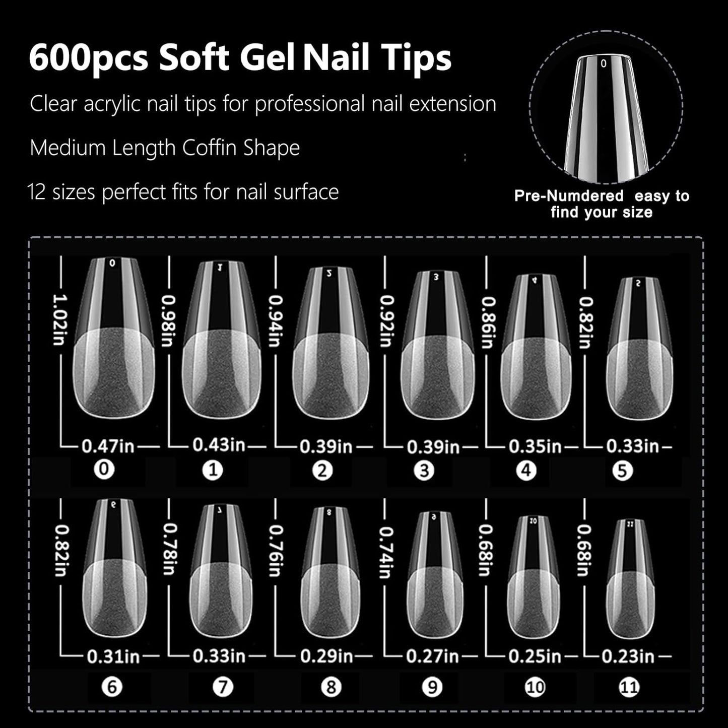AddFavor 600pcs Coffin Nail Tips, Medium Coffin Soft x Gel Nail Tips Clear Fake Nails Ballerina Full Cover Acrylic Nails Tips for Extension Nail Manicure Salon Home DIY