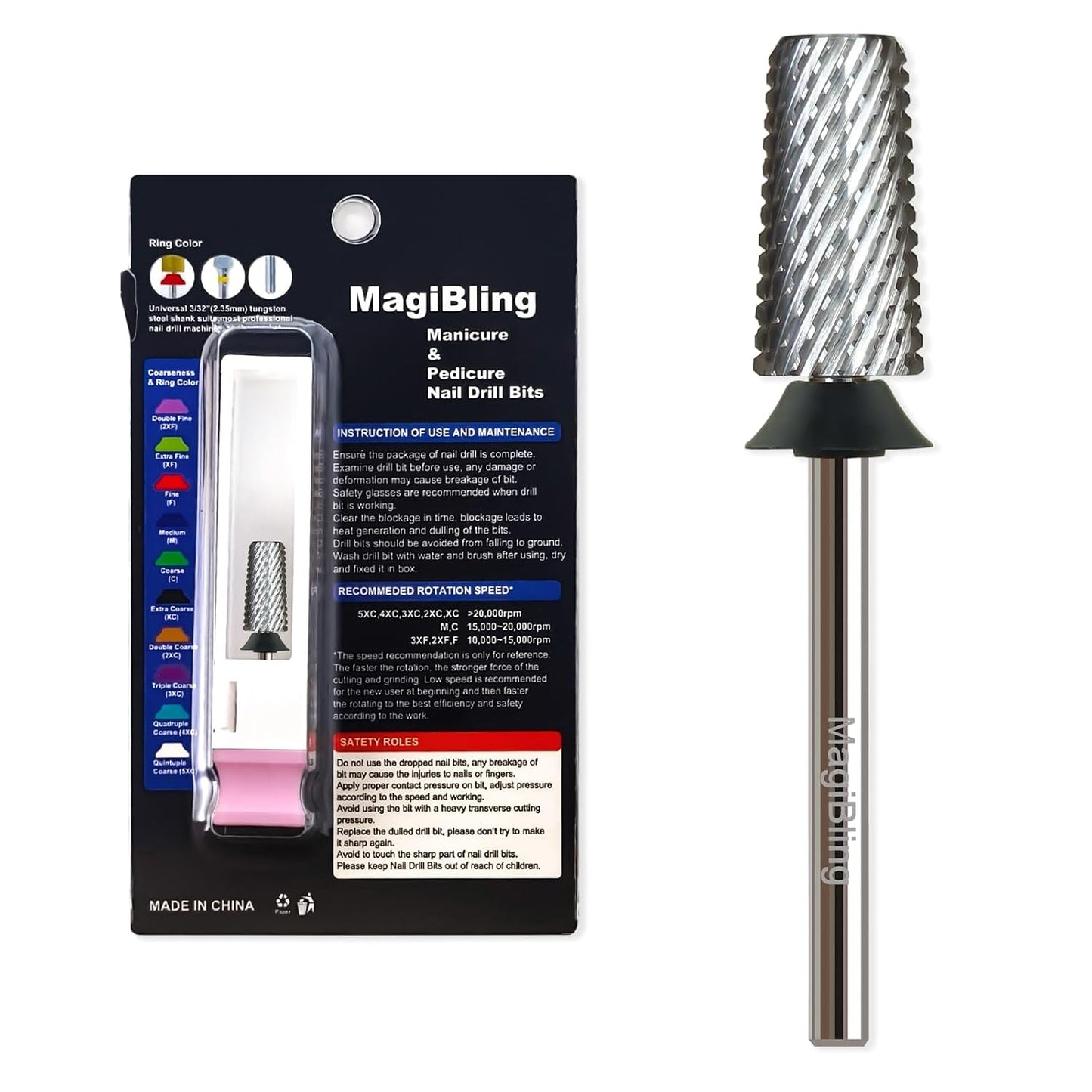 Professional Nail Drill Bits, Tungsten Carbide Cross Cut Tapered Barrel 3/32'' Safety Bits, Left and Right Hand Use, Remove Gel Fast, Manicure Pedicure Cuticle Gel Polishing, Extra Coarse.