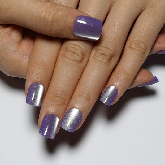 Purple Press On Nails Short - Lavender Color, Cat Eye Press On Nails Square Fake Nail with Color-Shifting Glow, Reusable Stick On Nails, 15 Sizes - 30Pcs, Glue On Nails for Women, Amethyst Drift
