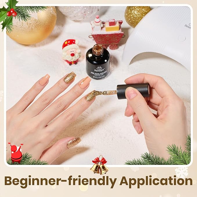 Beetles Gold Gel Nail Polish – Starlit Gold Sparkling Glitter Reflective Purple Gel Polish 15ml UV/LED Soak Off Long Lasting Christmas Nail Art Home DIY Salon