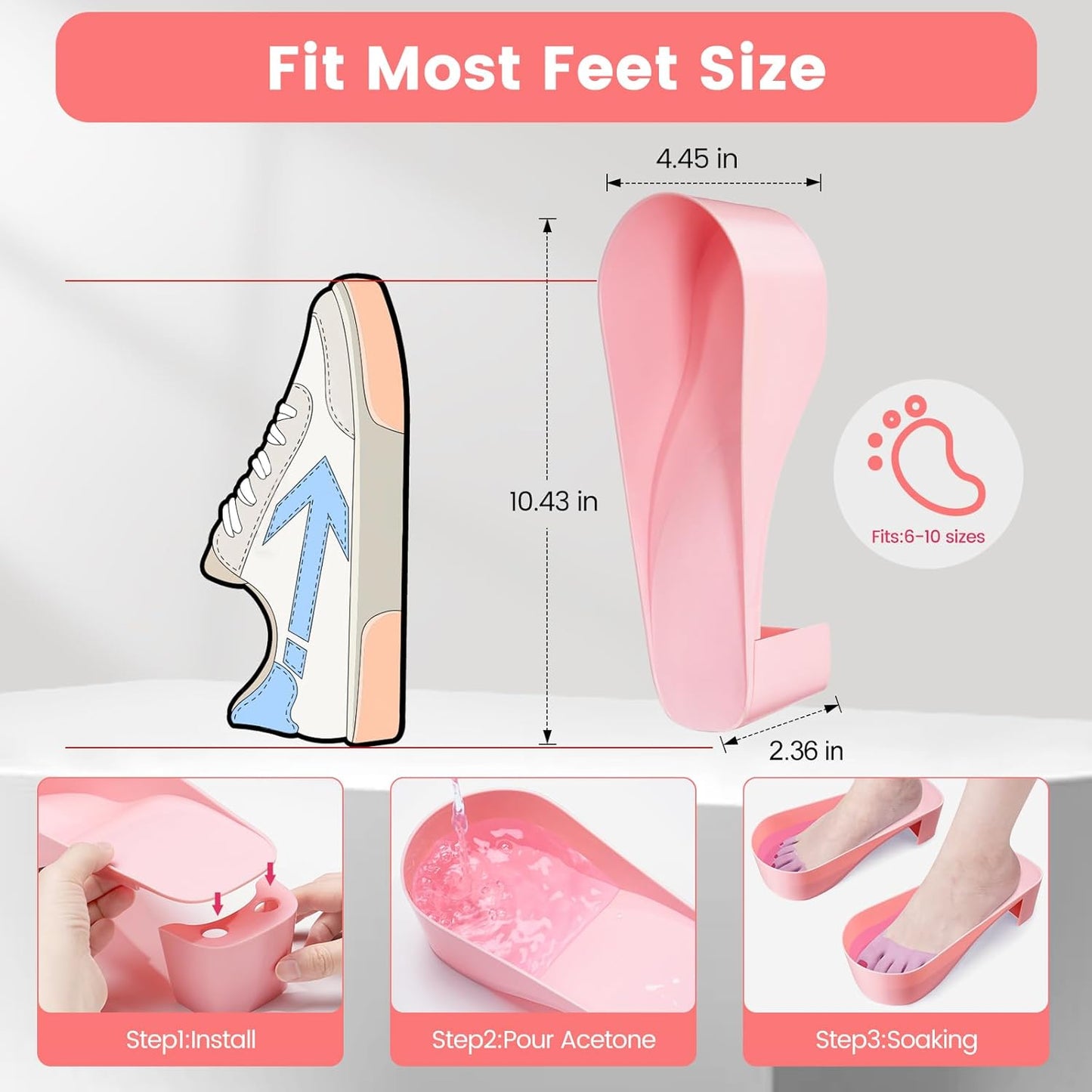 Toe Nail Soaking Bowl Acetone Proof: 1Pair Soak Off Dip Powder Gel Polish Remover - Manicure Bowl for Toenails Soaking with Cuticle Pusher, Cuticle Peeler, Nail File Buffer (Pink)