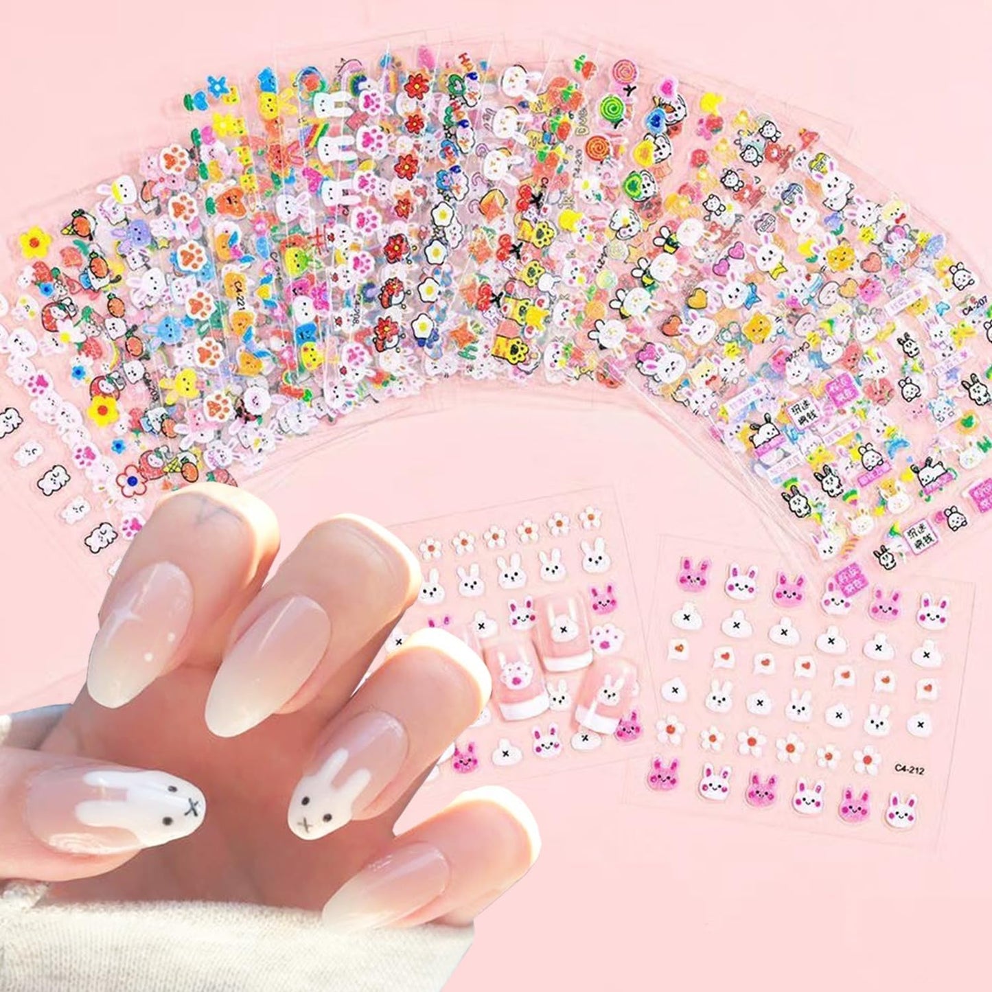 30 Sheets Cute Bunny Nail Art Stickers Set Easter Nail Sticker 3D Cats Paw Design Stickers Self-Adhesive Cartoon Nail Supplies Rabbit Cherry Cat Claw Nail Decorations for Women Girl