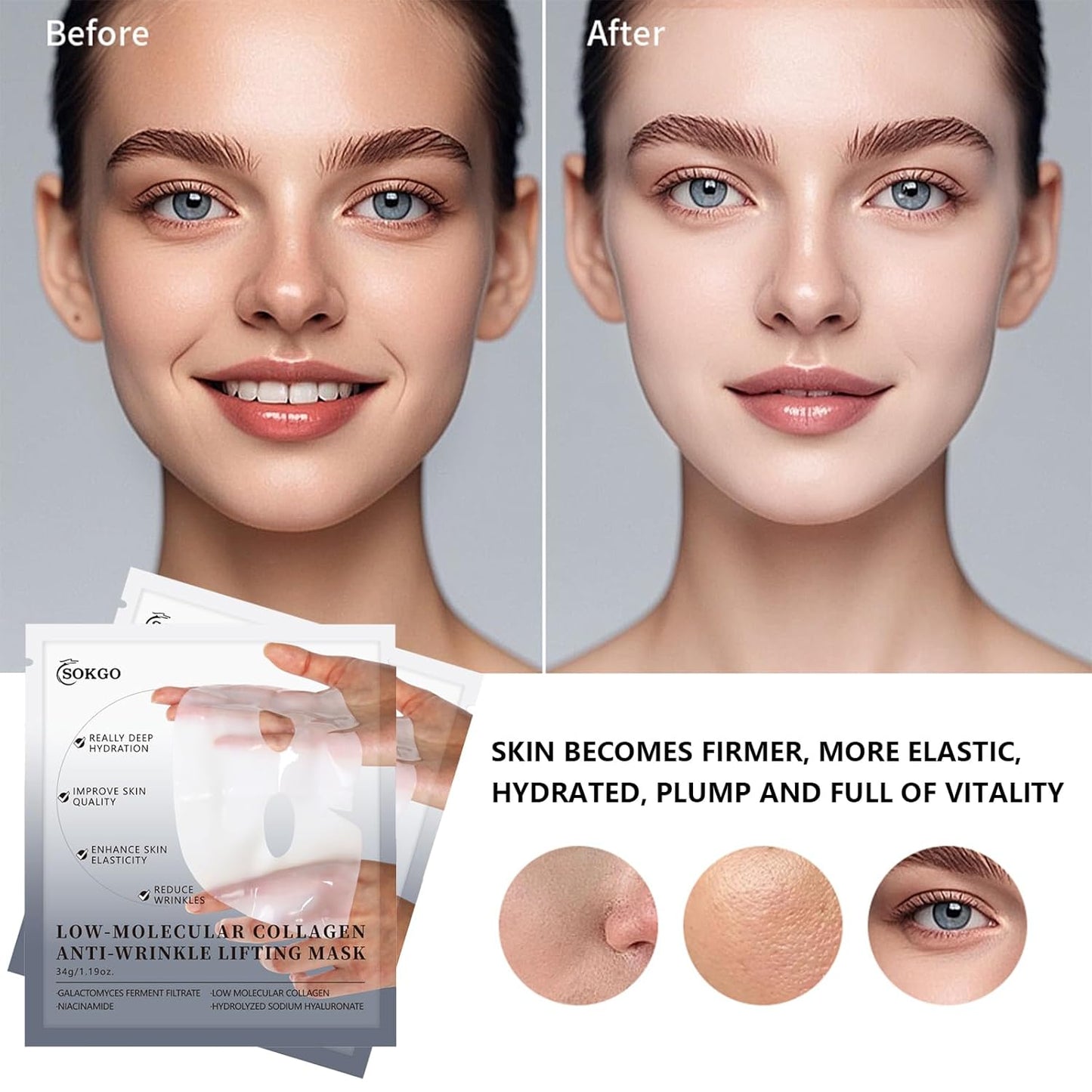 Low Molecular Weight Collagen Overnight Hydrogel Mask, Enhances Skin Elasticity, Reduces Pores, Transforms from White to Transparent Upon Absorption Skin Care Treatment，