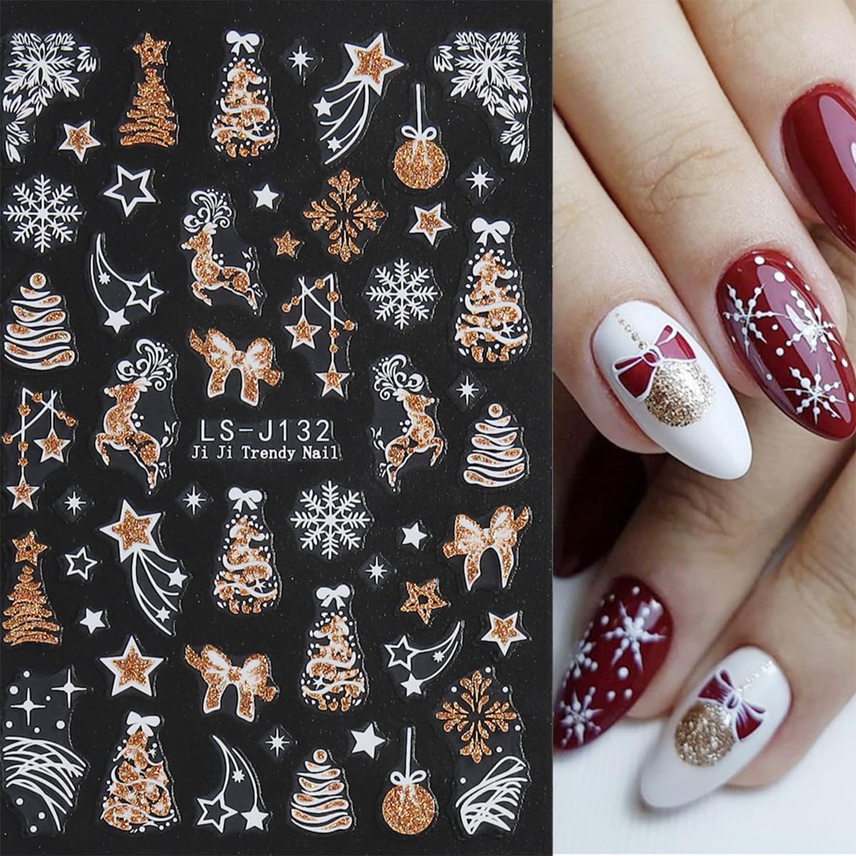 JMEOWIO 8 Sheets Christmas Glitter Nail Art Stickers Decals Self-Adhesive Silver Snowflake Nail Supplies Nail Art Design Decoration Accessories