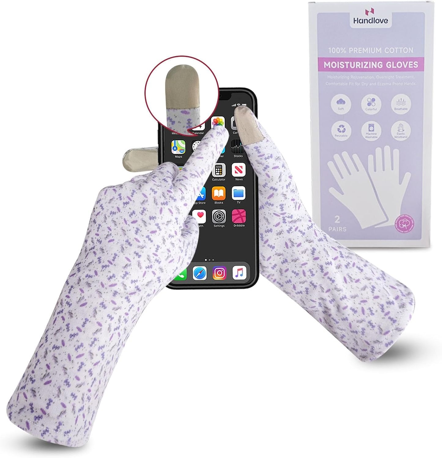HandLove Premium 100% Cotton Gloves | Moisturizing Gloves for Dry Hands & Eczema | Overnight Sleeping Gloves, Eczema Gloves | Touchscreen | Extended Wrist White Gloves with Lavender Speckles, 2 Pairs