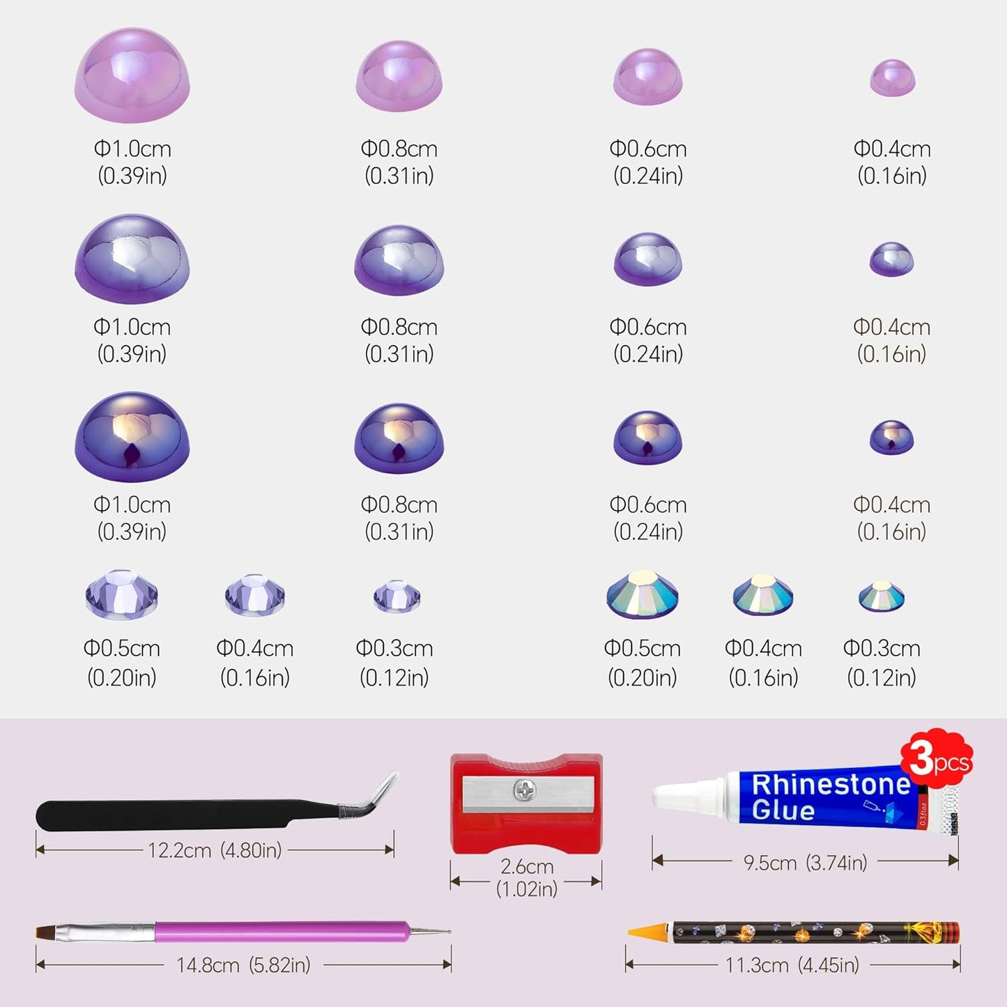 60g Mix Purple Flatback Rhinestones Half Pearls for Crafting, Mixed Size 3mm-10mm Resin Rhinestones for Bedazzling, Small Pearls for DIY Tumblers Mugs Nail Art Shoes Clothes with Glue