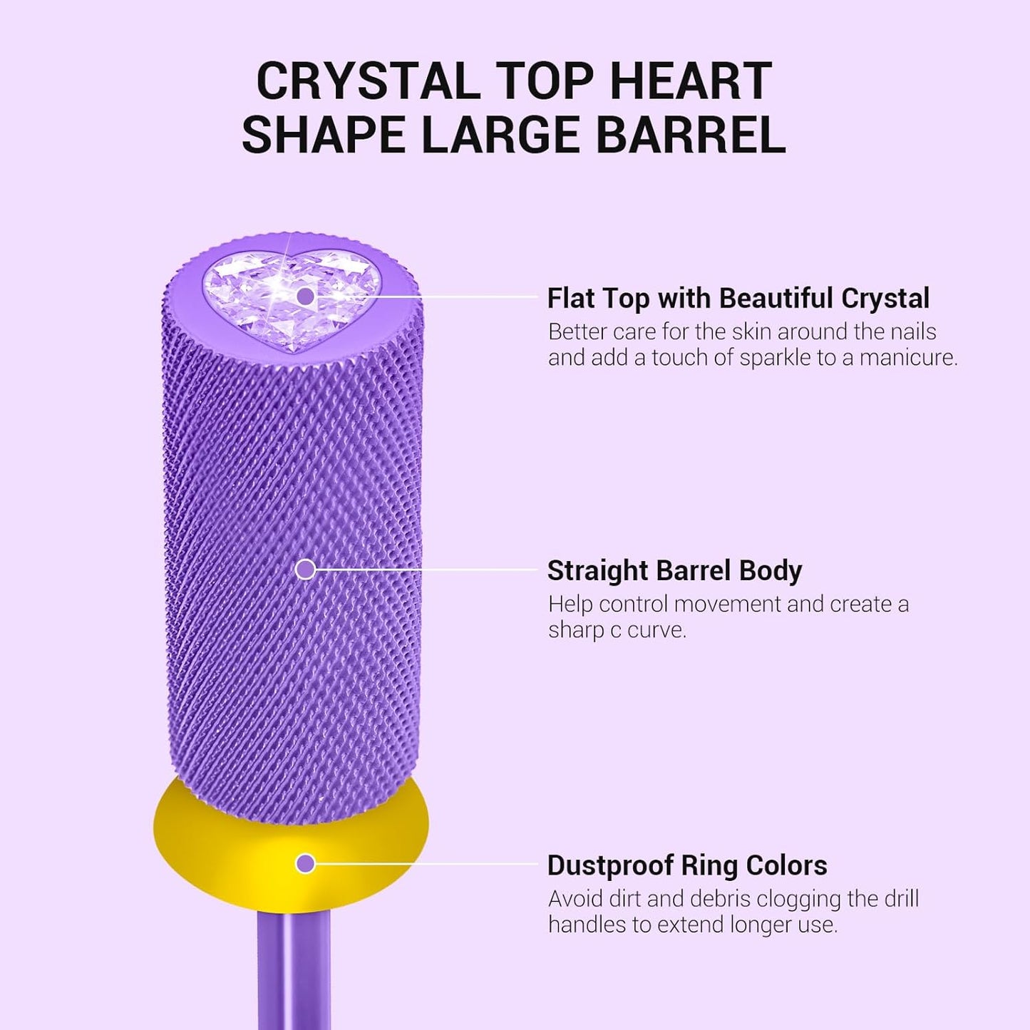 MelodySusie Large Barrel 3/32'' Tungsten Carbide Nail Drill Bit, Crystal Top Purple Heart Shape, Fast Remove Acrylic Gel, Cuticle Gel Polishing for Manicure Pedicure, Purple, Series Bit-S, XF