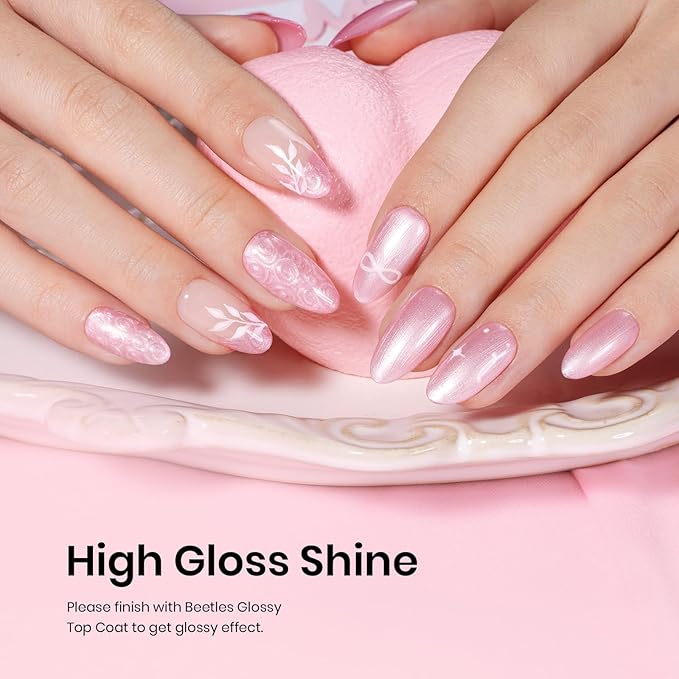 Beetles Pearl Pink Gel Nail Polish – Soft Afternoon Mermaid Gel Polish, 15ml Thread Effect Pink Nail Swirl Shell UV LED Soak Off Gel Manicure