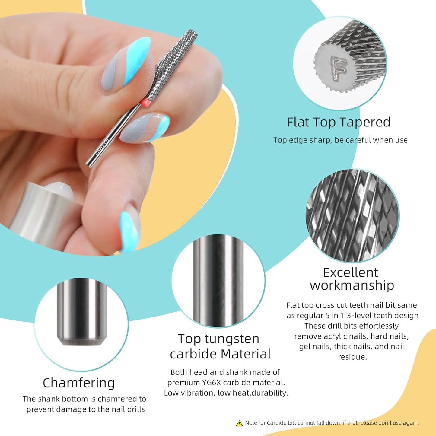 5 in 1 Nail Drill Bits, 24mm Flat Top Tapered Professional Tungsten Carbide Bit for Gel Polish & Base Removal, Electric File Manicure Drills Accessories Tool,F