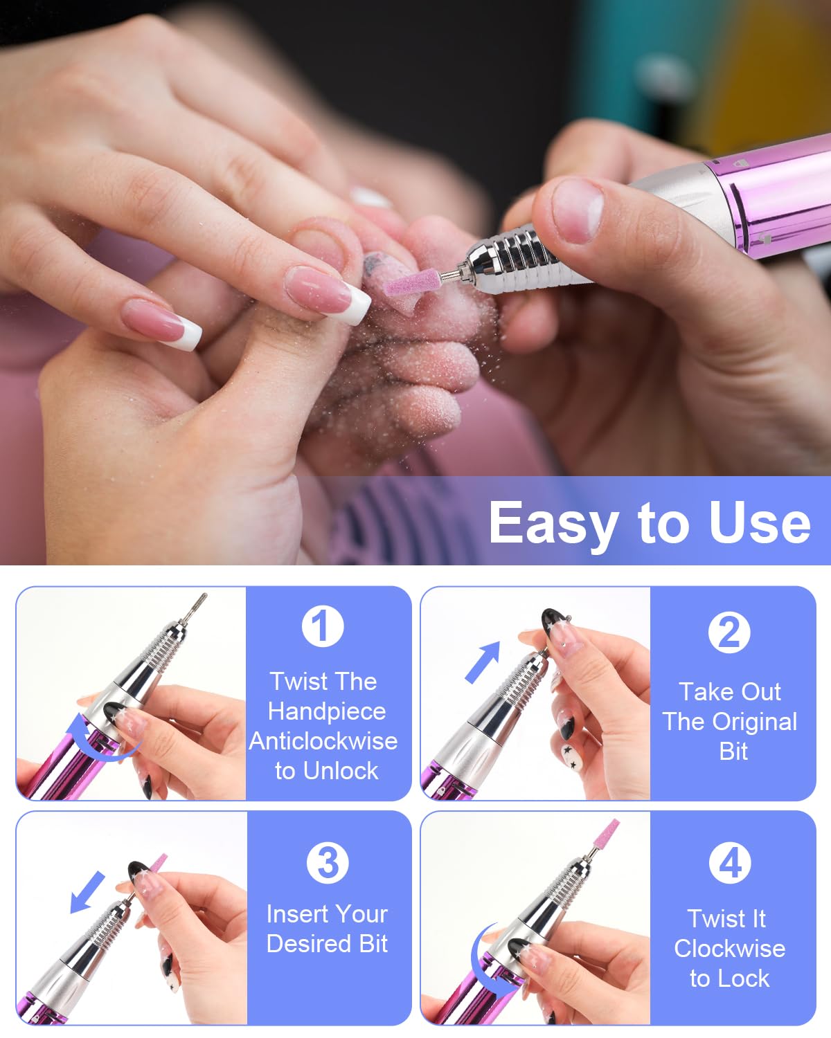 Electric Nail Drill Professional: Rechargeable Nail File with Bits for Acrylic Gel Nails, Professional Nail Drill Manicure Pedicure Polishing Shape Tools for Home Salon