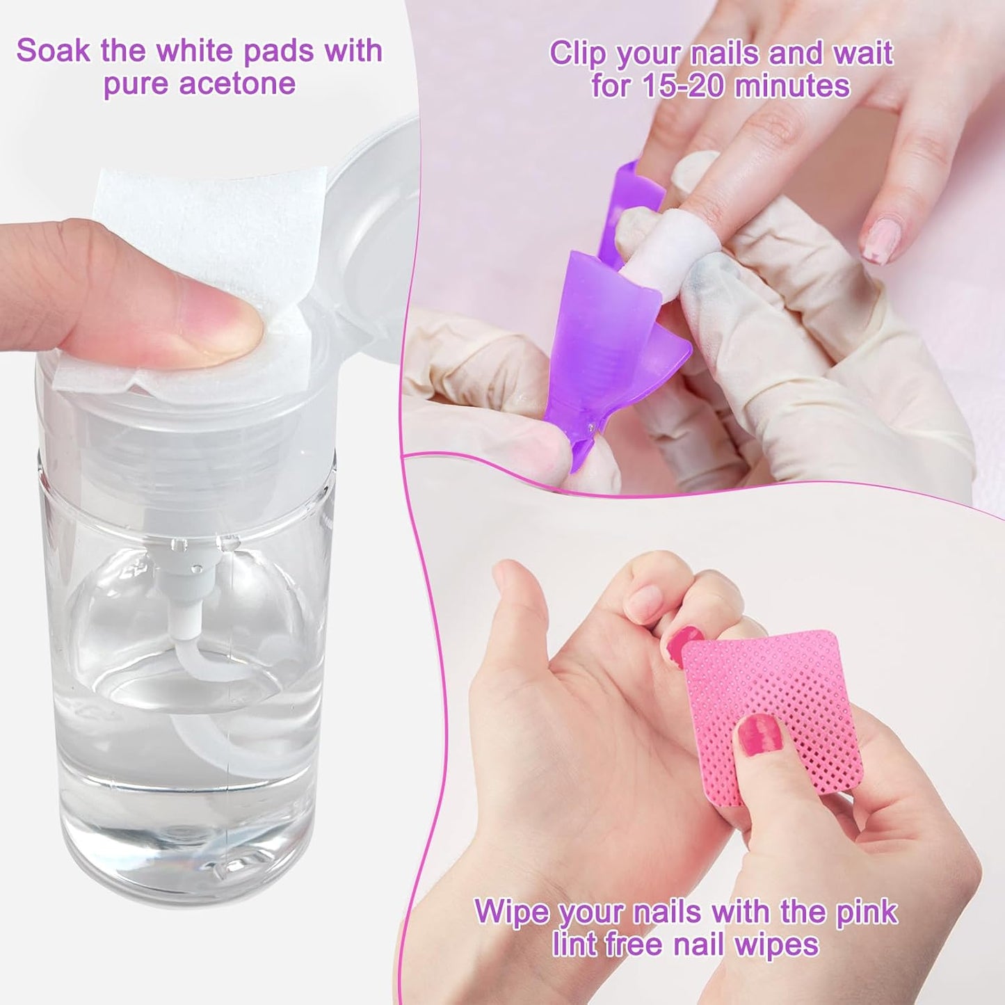 Gel Nail Polish Remover Tools Kit, 20 Toenail & Finger Nail Clips 120 Ml Push Down Pump Dispenser Bottle 200 Nail Remover Pads 200 Lint Free Nail Wipes Cuticle Pusher & Peeler Nail Brush 2 Nail Files