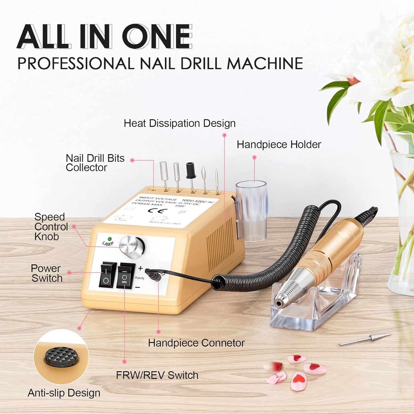 Subay Professional Electric Nail Drill Machine, 30,000RPM Electrical Nail Efile Kit for Acrylic Nails, Gel Nails, Manicure Pedicure Polishing Tools for Professional Salon Use, Golden