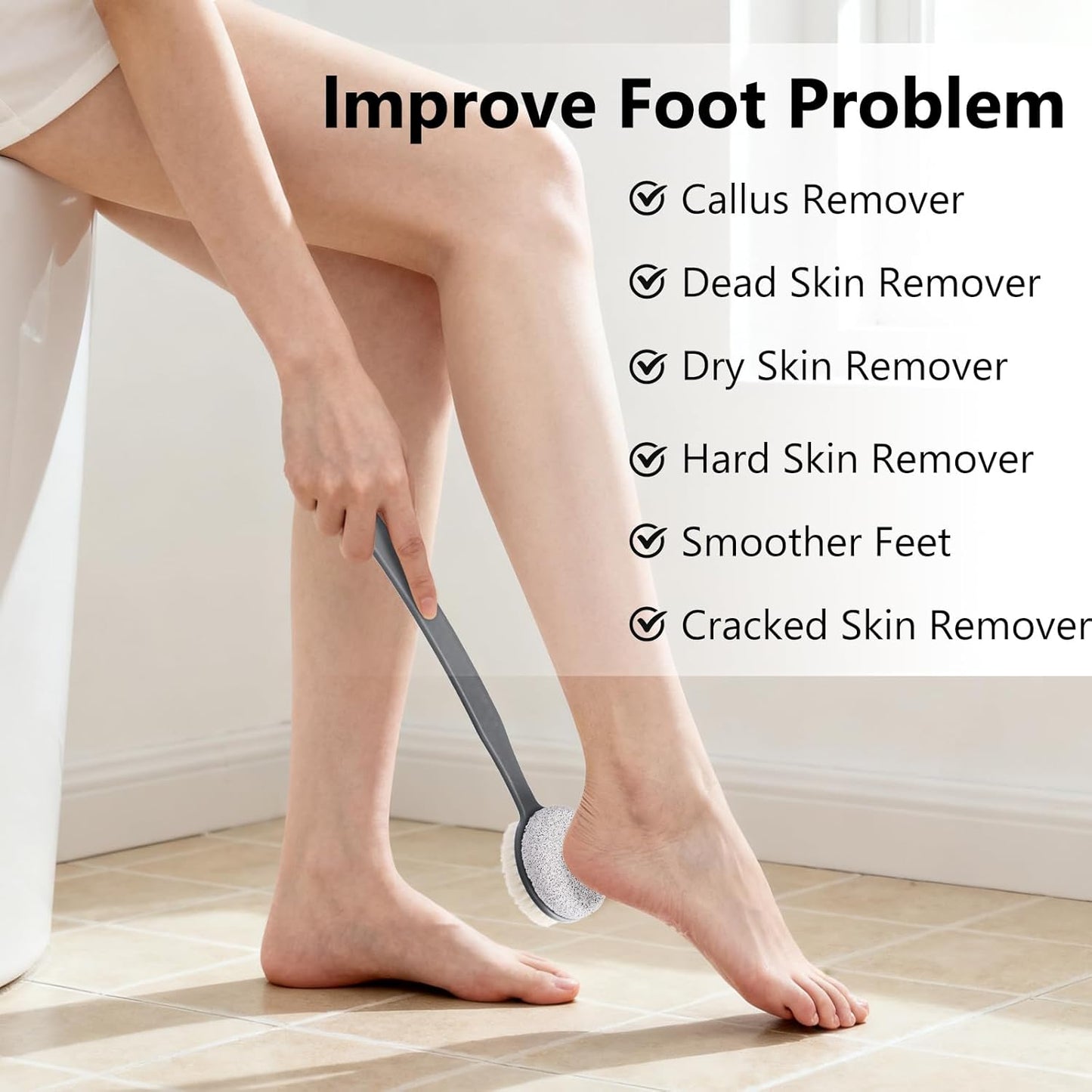 Foot File Callus Remover,Beomeen Pumice Stone for Feet with Long Handle, Hard Skin Callus Remover, 2 in 1 Foot Scrubber, Back Body Brush for Shower Brush Deep Cleansing and Exfoliating (Curved),Grey